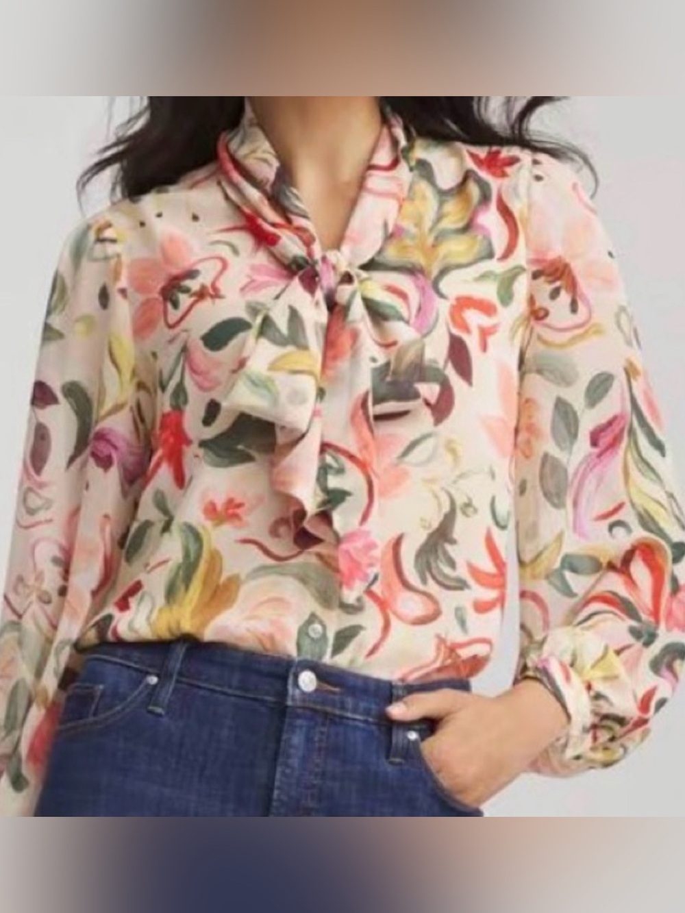 Chico’s Sz 2 Pastel Floral Jacquard Tie- Front Blouse (Size 12) EUC
